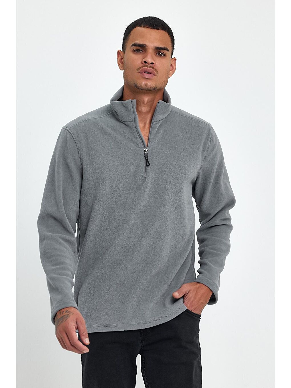 Gri Erkek Rahat Kalıp Softech Polar Yarım Fermuarlı Sweatshırt spr24pw20-2