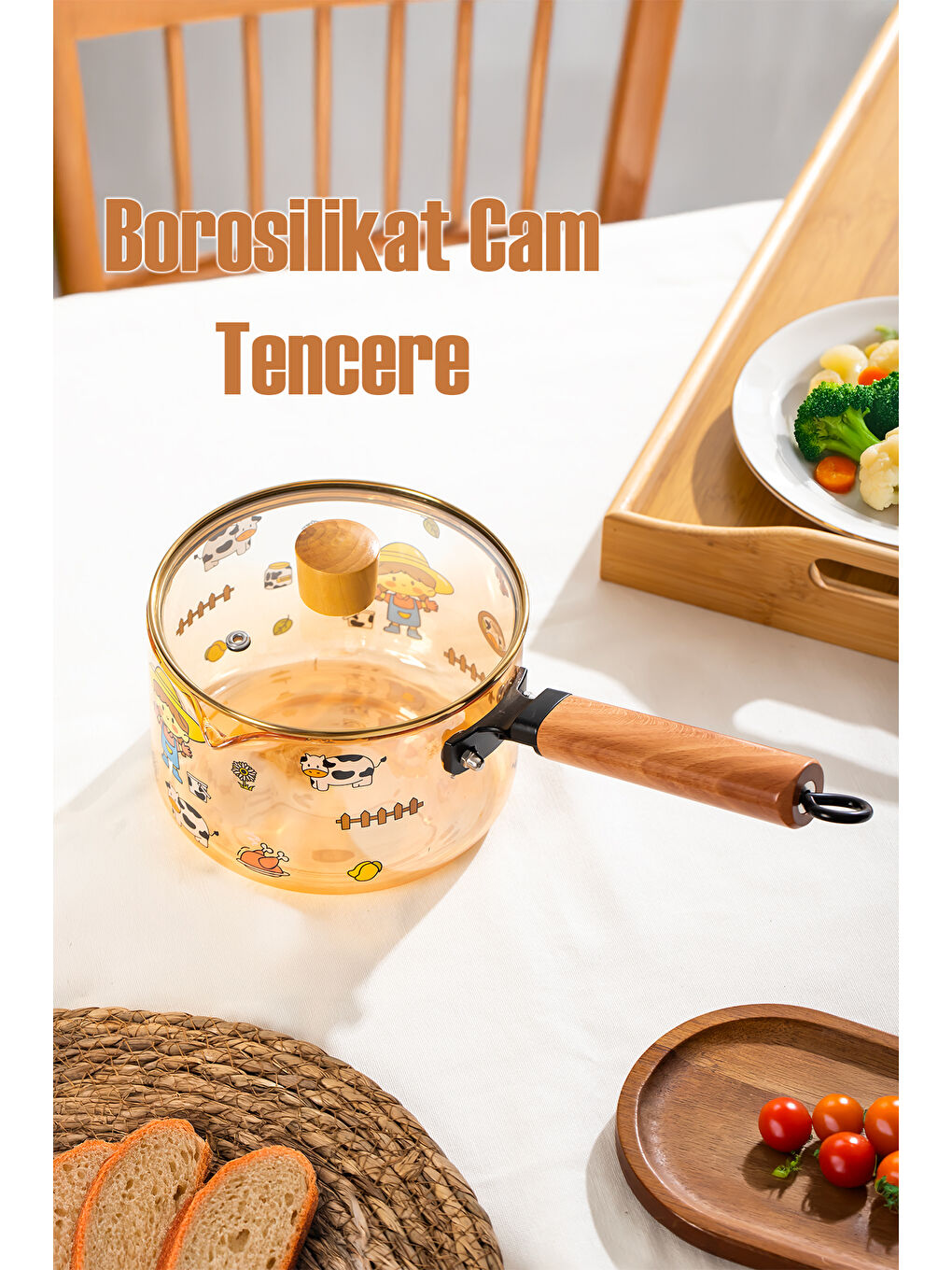 Renksiz NSMBG Ahşap Saplı Isıya Dayanıklı Cam Tencere Süt Potu Borosilikat Cam Tencere 1600cc