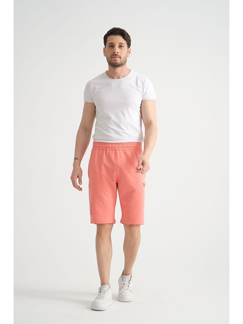 Pembe Şeftali Erkek Şort Minimal Logolu Pamuklu Regular Kalıp-6