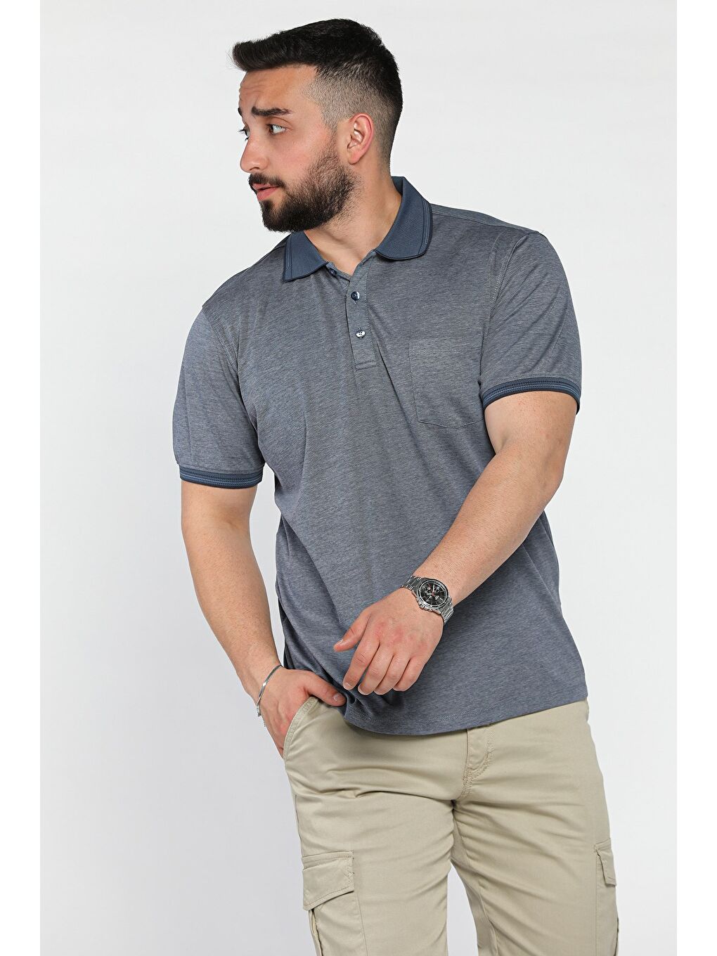 Lacivert Yarım Düğmeli Polo Yaka Cepli Erkek Tişört-1
