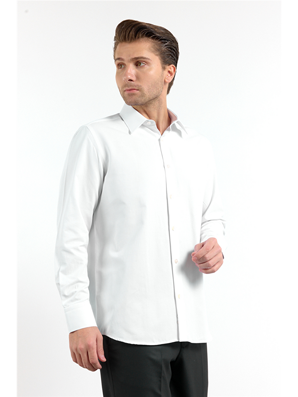 Beyaz Sert Yaka Uzun Kol Cepsiz Comfort Fit Pamuklu Gömlek 1004255914-2