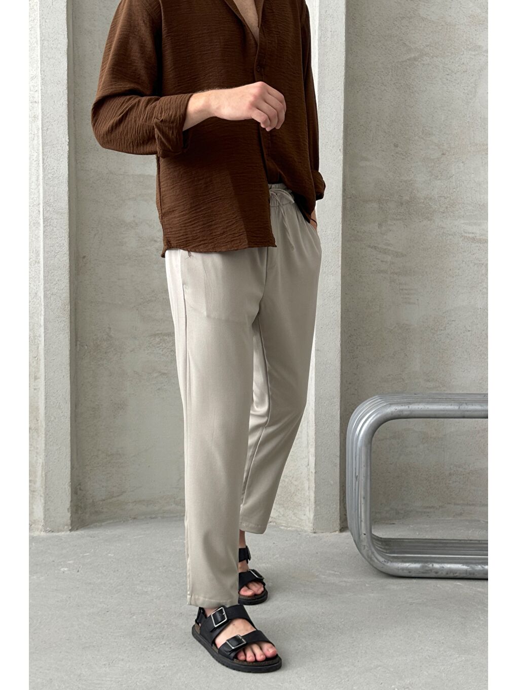 Haki Erkek Beli Lastikli Rahat Kalıp Kumaş Pantolon-1