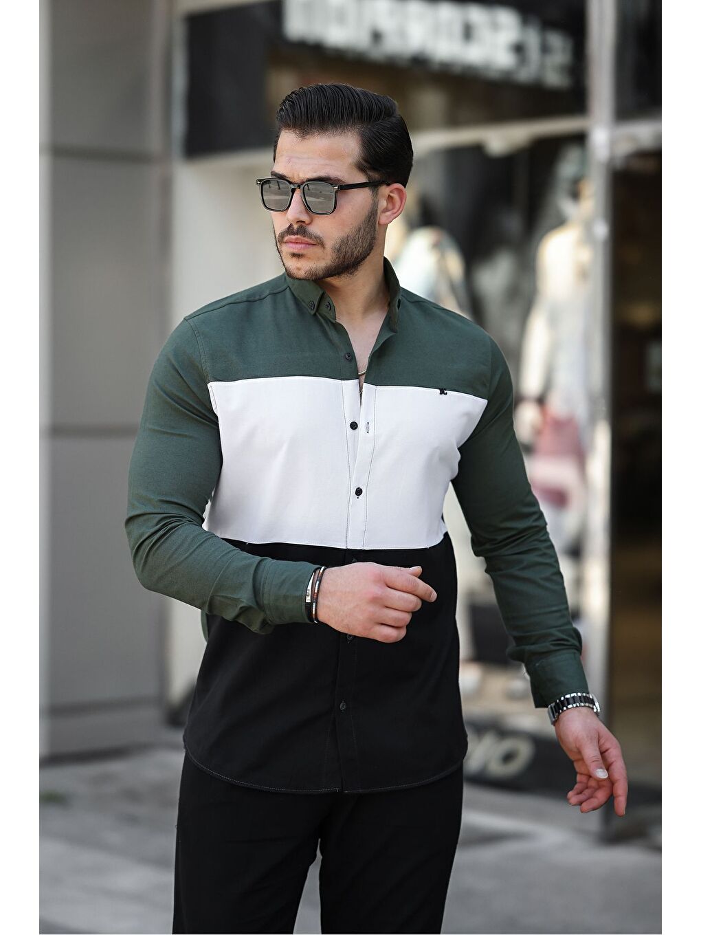 Haki Üç Renk Slim Fit Elastanlı Jean Gömlek