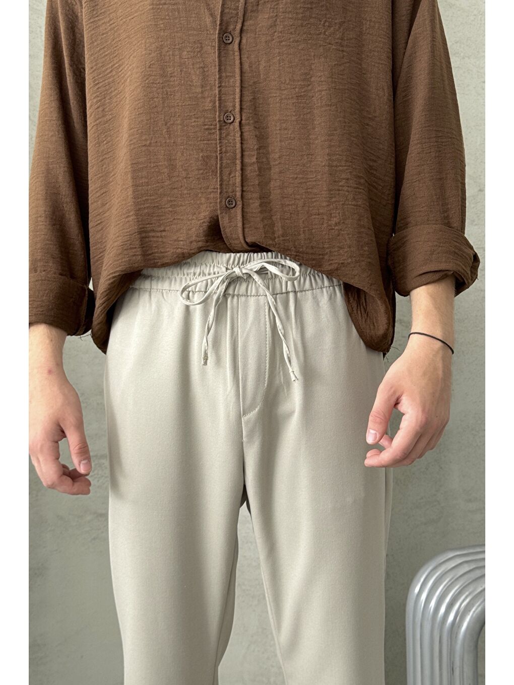 Haki Erkek Beli Lastikli Rahat Kalıp Kumaş Pantolon-2