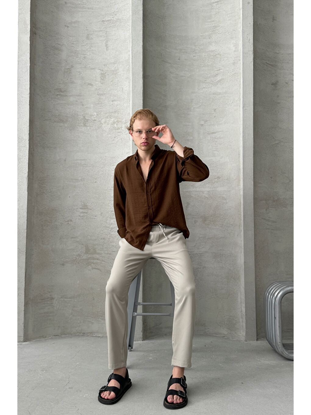 Haki Erkek Beli Lastikli Rahat Kalıp Kumaş Pantolon-3