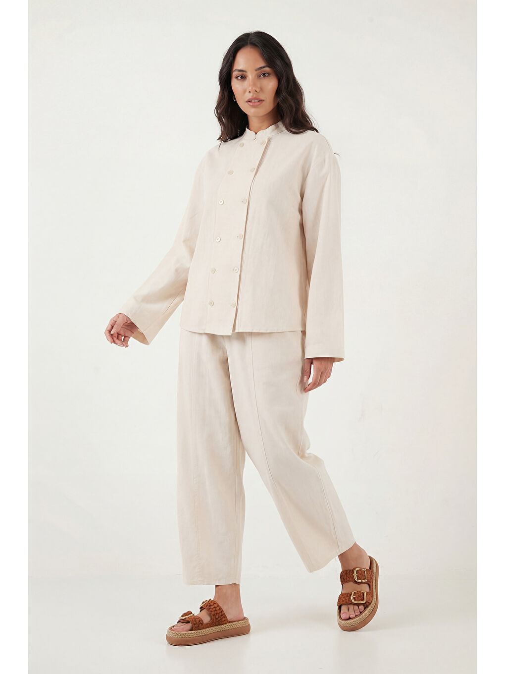 Ekru Pamuklu Hakim Yaka Kruvaze Düğmeli Kadın Takım 6928978-4
