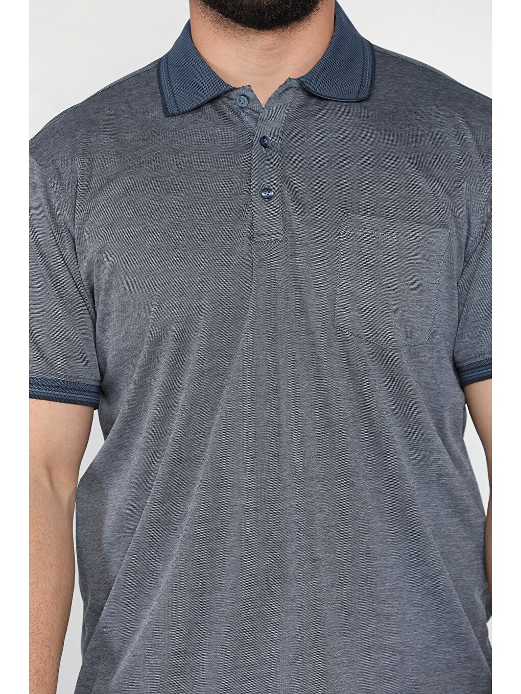 Lacivert Yarım Düğmeli Polo Yaka Cepli Erkek Tişört-3