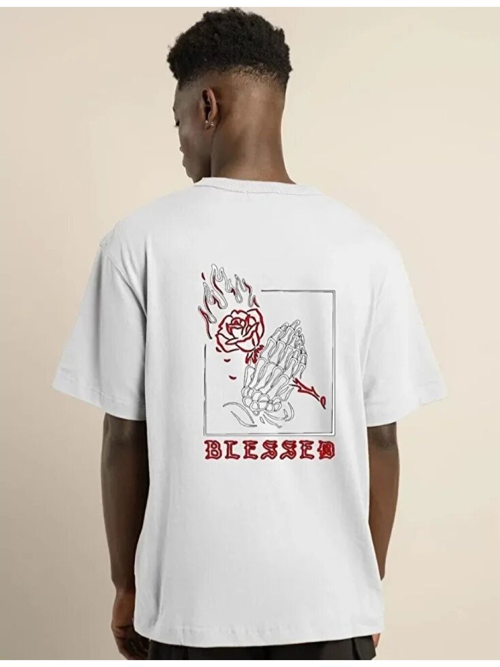 Unisex Bisiklet Yaka Oversize Baskılı T-Shirt - Beyaz-1