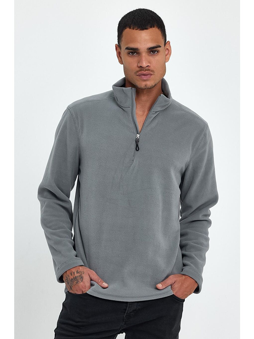 Gri Erkek Rahat Kalıp Softech Polar Yarım Fermuarlı Sweatshırt spr24pw20-3