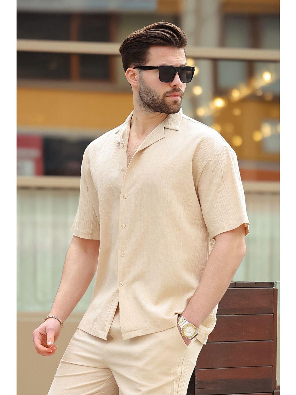 Bej Basic Erkek Şort Takımı 6729-1