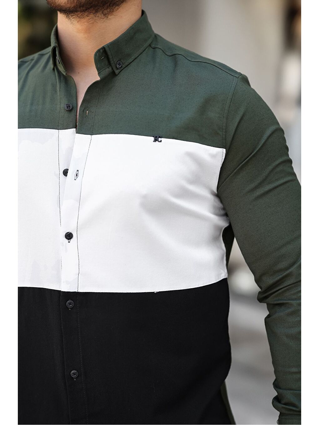 Haki Üç Renk Slim Fit Elastanlı Jean Gömlek-1