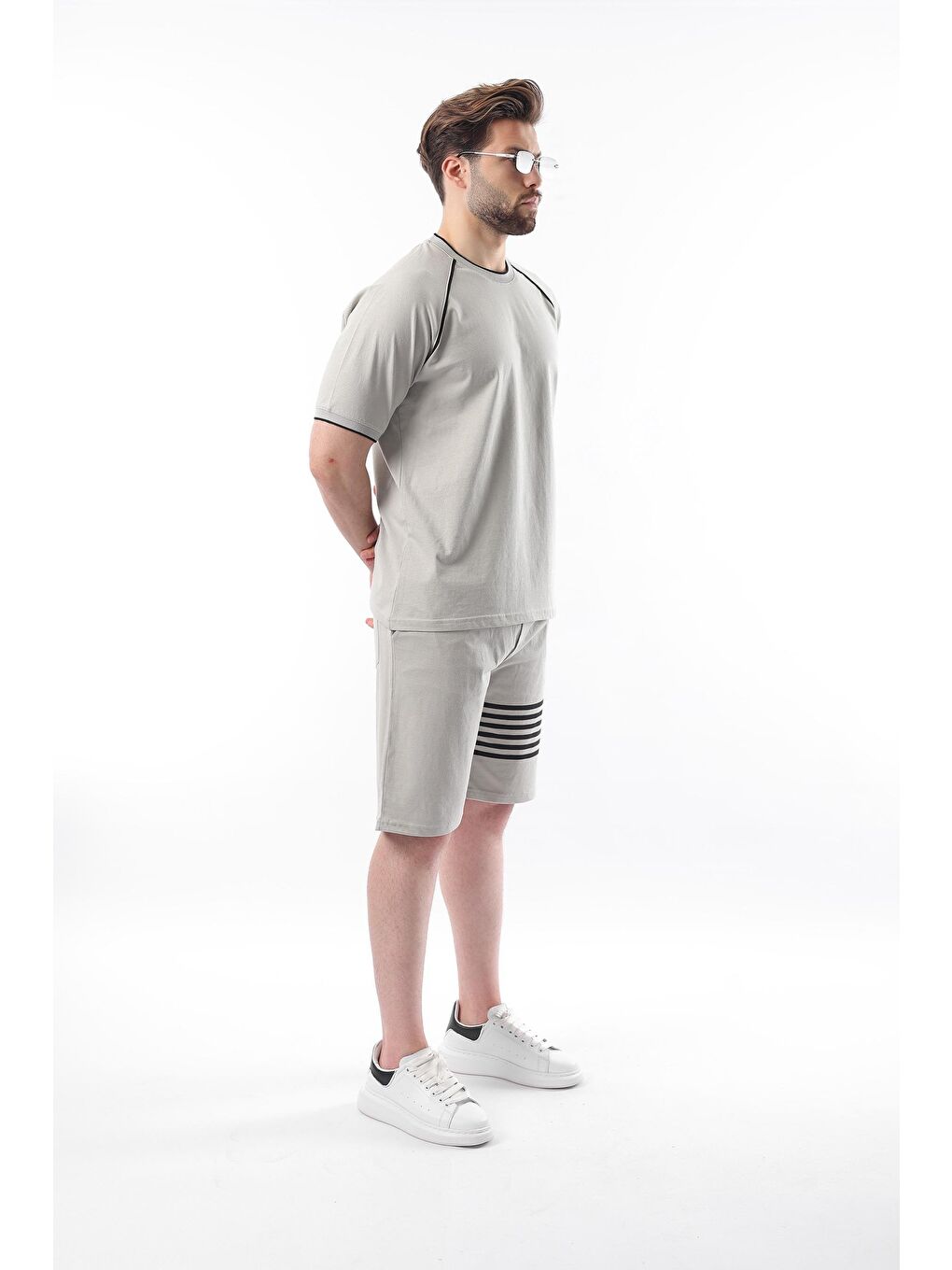 Boyalı Gri Baskılı Reglan Kol Erkek Şort T-Shirt %100 Pamuk Takımı E7306-4