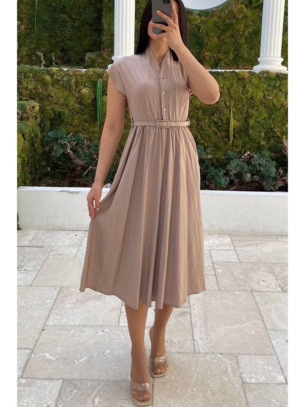 Bej Kısa Kollu Midi Boy Kadın Elbise Mg2497-2