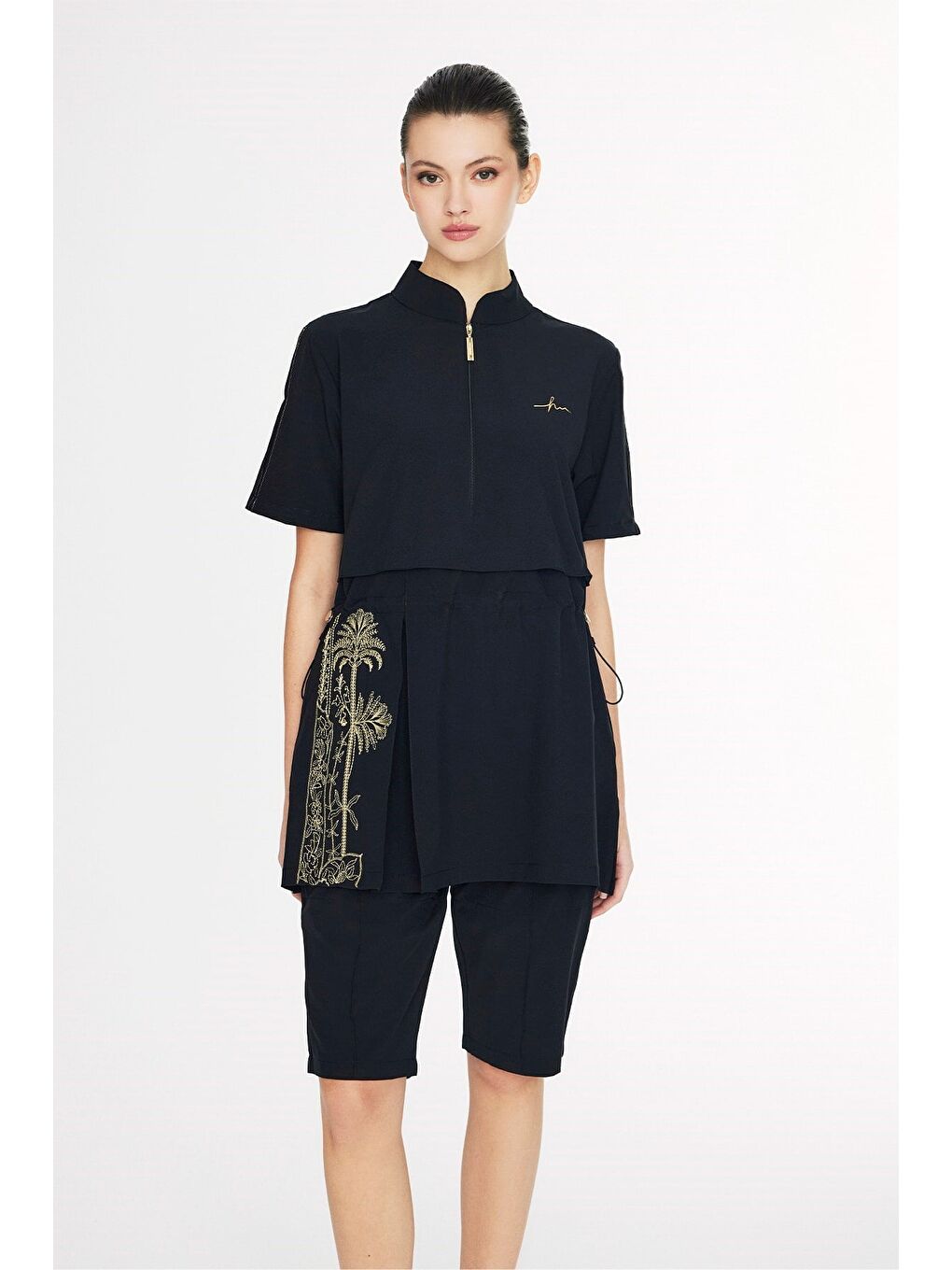 Vaha Koleksiyonu Eteği Desenli Siyah 5 Parça Yarı Kapalı Mayo Takımı 5085