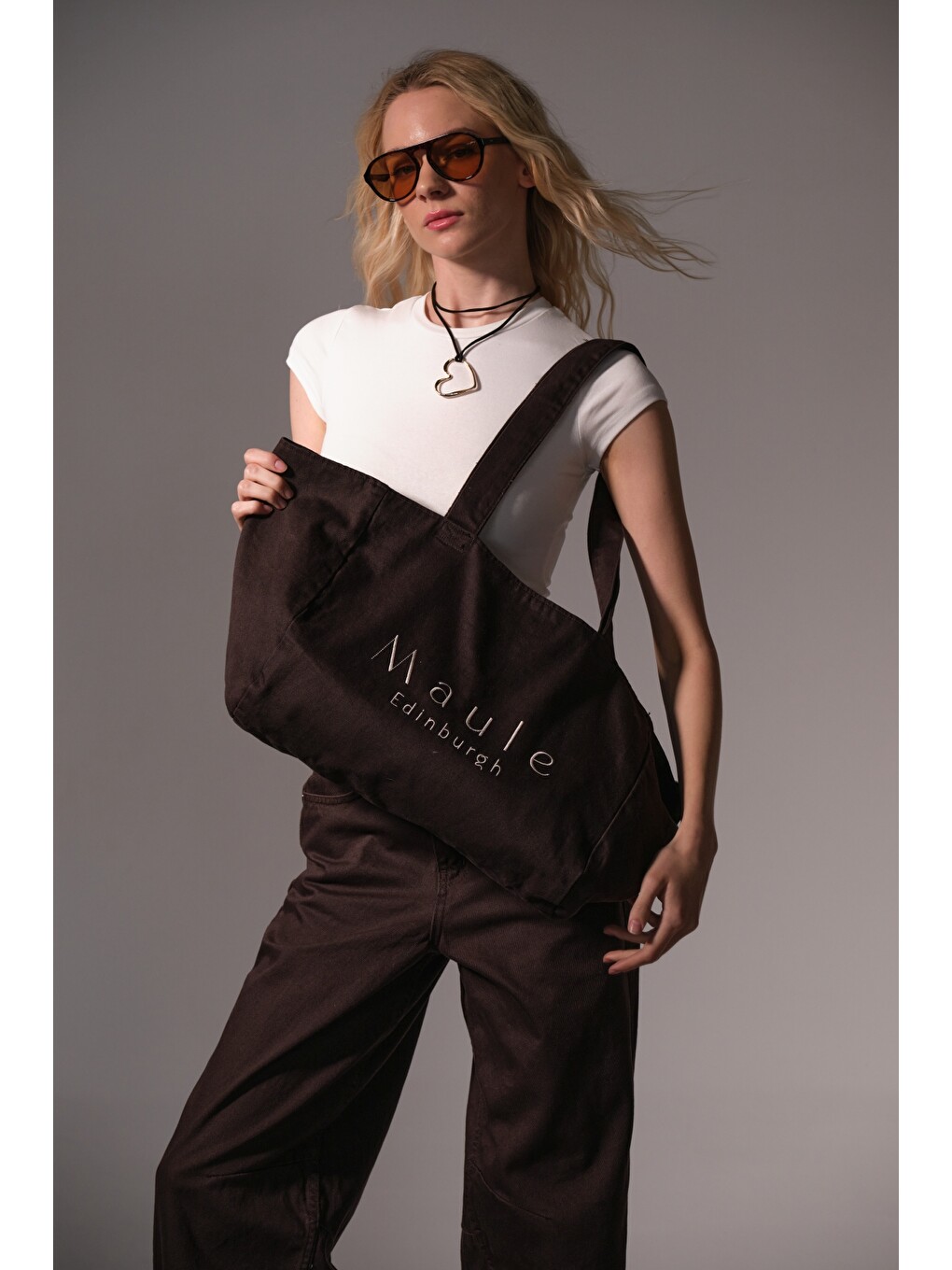 Kahverengi Maule Nakış Detaylı Ortaboy %100 Pamuk İndigo Kadın Omuz Çantası Tote Bag-1