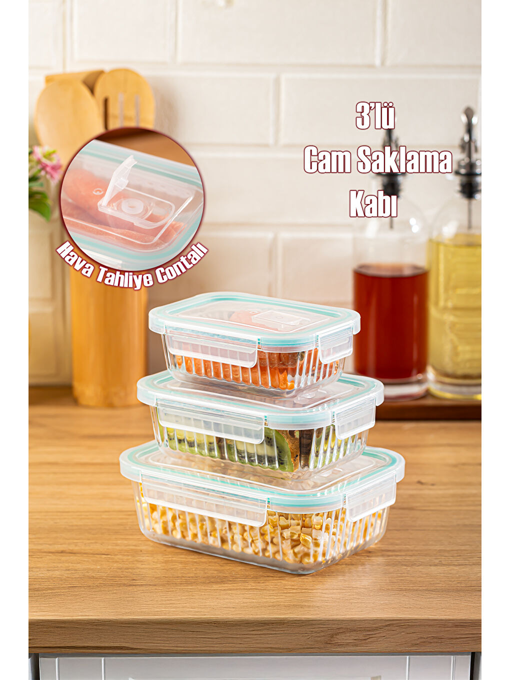 Renksiz SD-12-FGY Kilitli Kapaklı Hava Tahliye Contalı 3lü Yiyecek Saklama Kabı Seti 1030-620-330ml