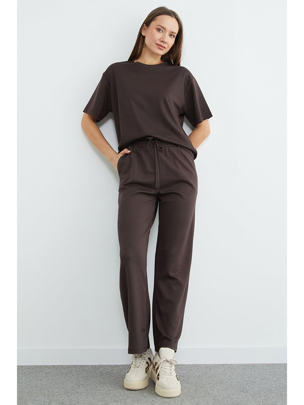 Kahverengi Basic Kısa Kollu Modal 2 Li Takım