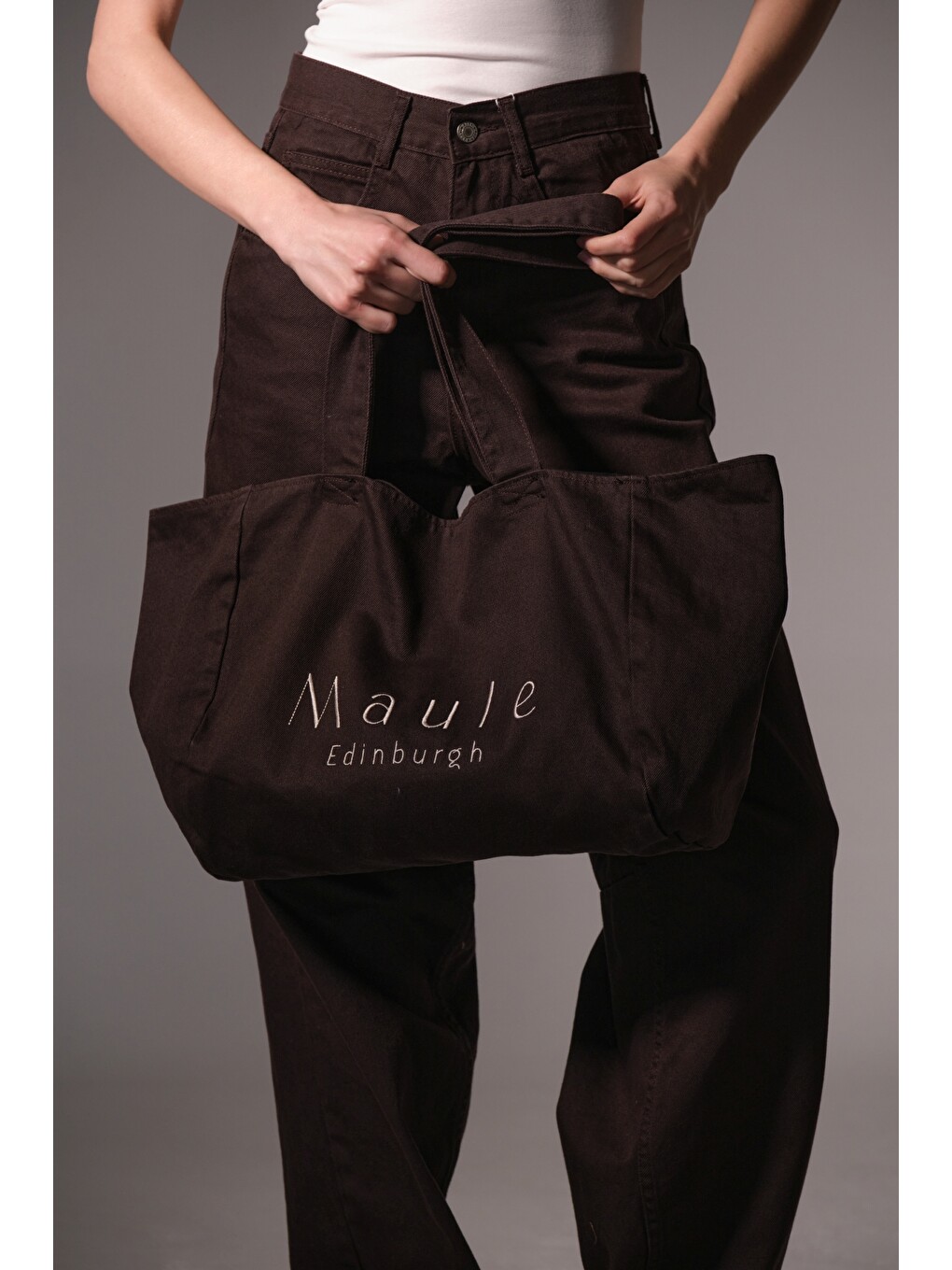 Kahverengi Maule Nakış Detaylı Ortaboy %100 Pamuk İndigo Kadın Omuz Çantası Tote Bag-3