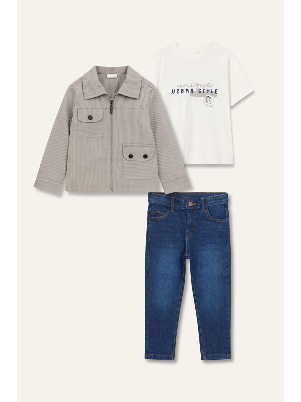 Erkek Çocuk Ceketli 3'Lü Takım  - Gri-3