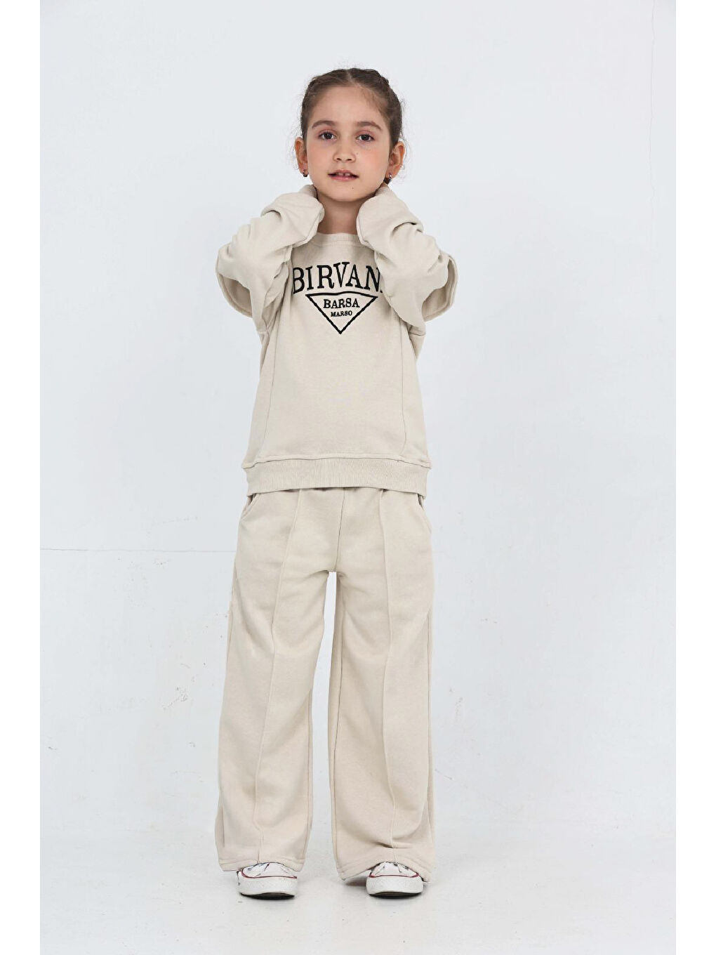 Ekru Kız Çocuk Omuz Vatka Detaylı 3 İplik Eşofman Takımı 4-8 Yaş 12560-2