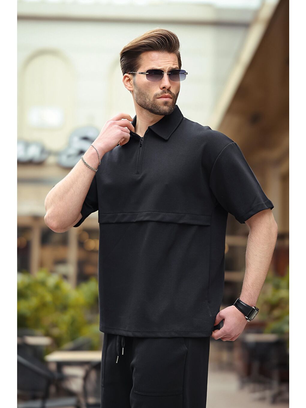 Siyah Fermuarlı Polo Yaka Erkek Şort Gömlek Takımı E7314-1
