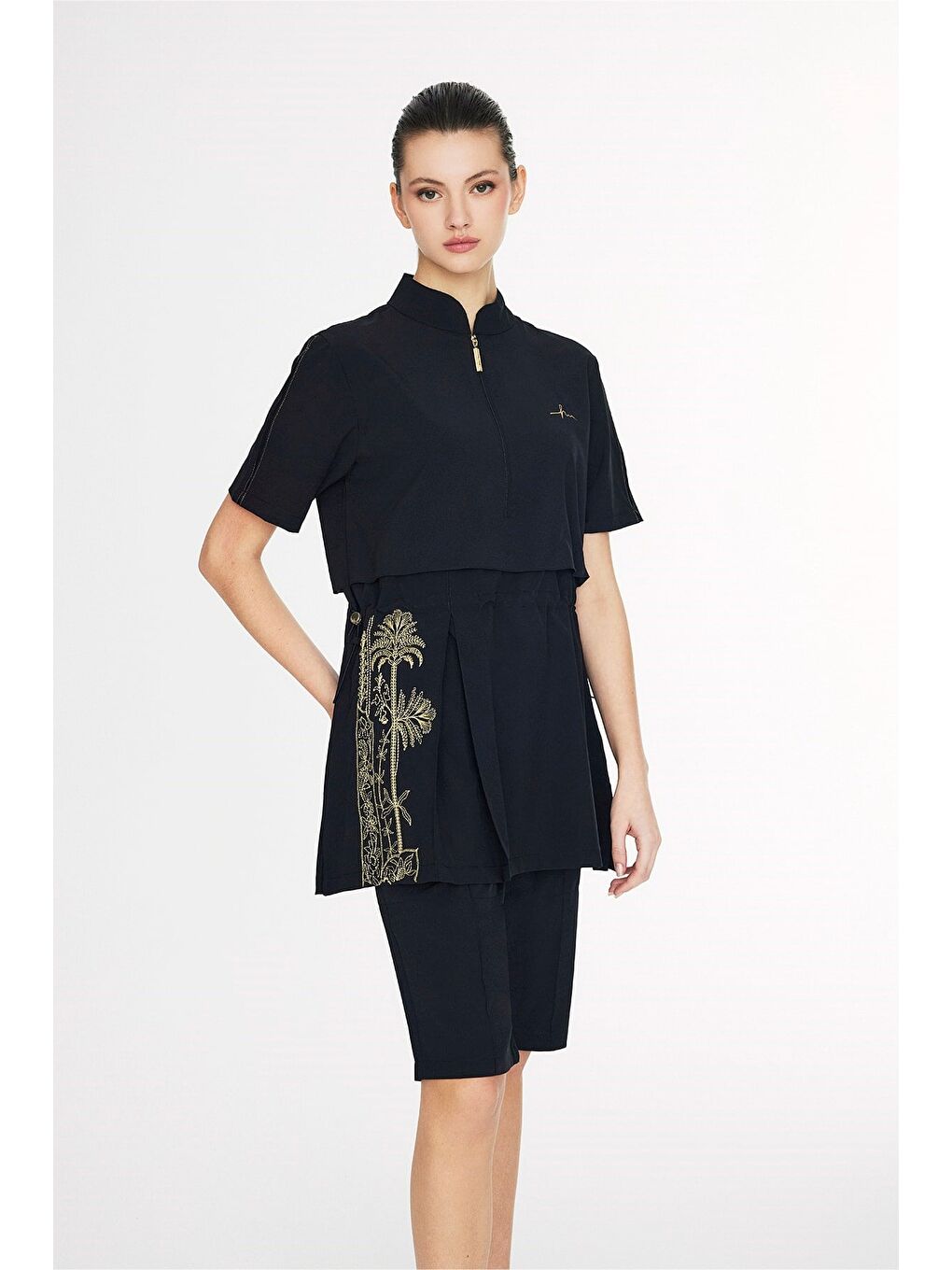 Vaha Koleksiyonu Eteği Desenli Siyah 5 Parça Yarı Kapalı Mayo Takımı 5085-2