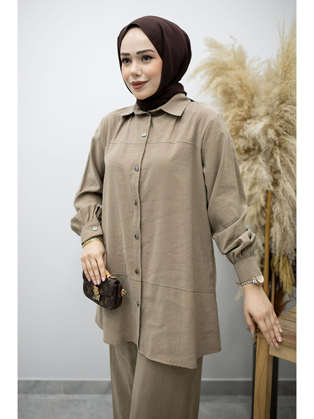Bej Düğmeli Modal Takım TSD260169 Vizon-1
