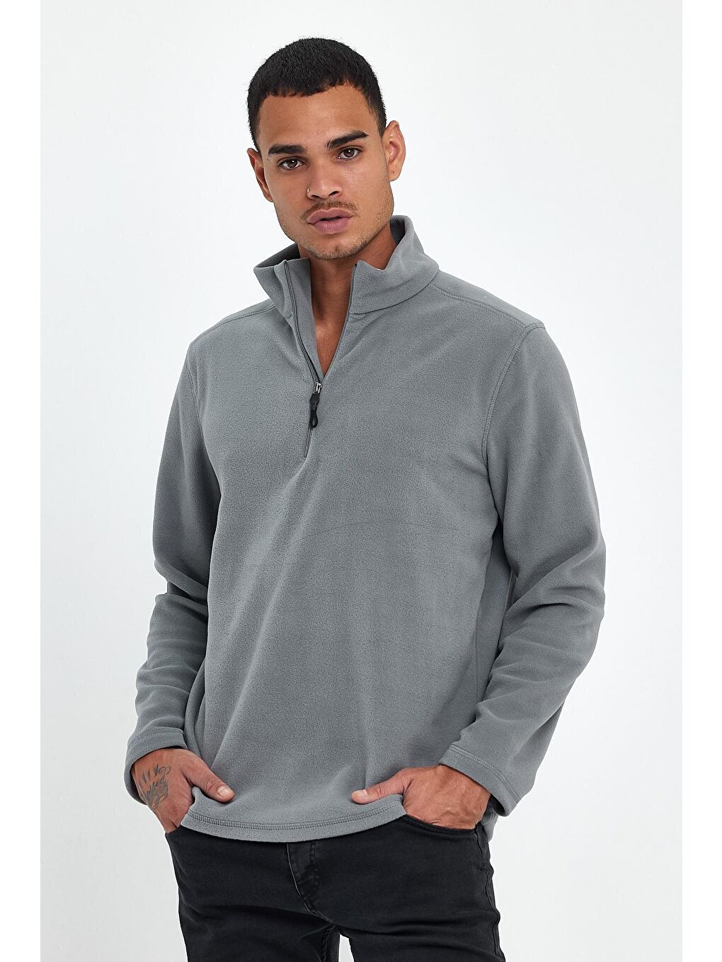 Gri Erkek Rahat Kalıp Softech Polar Yarım Fermuarlı Sweatshırt spr24pw20-4