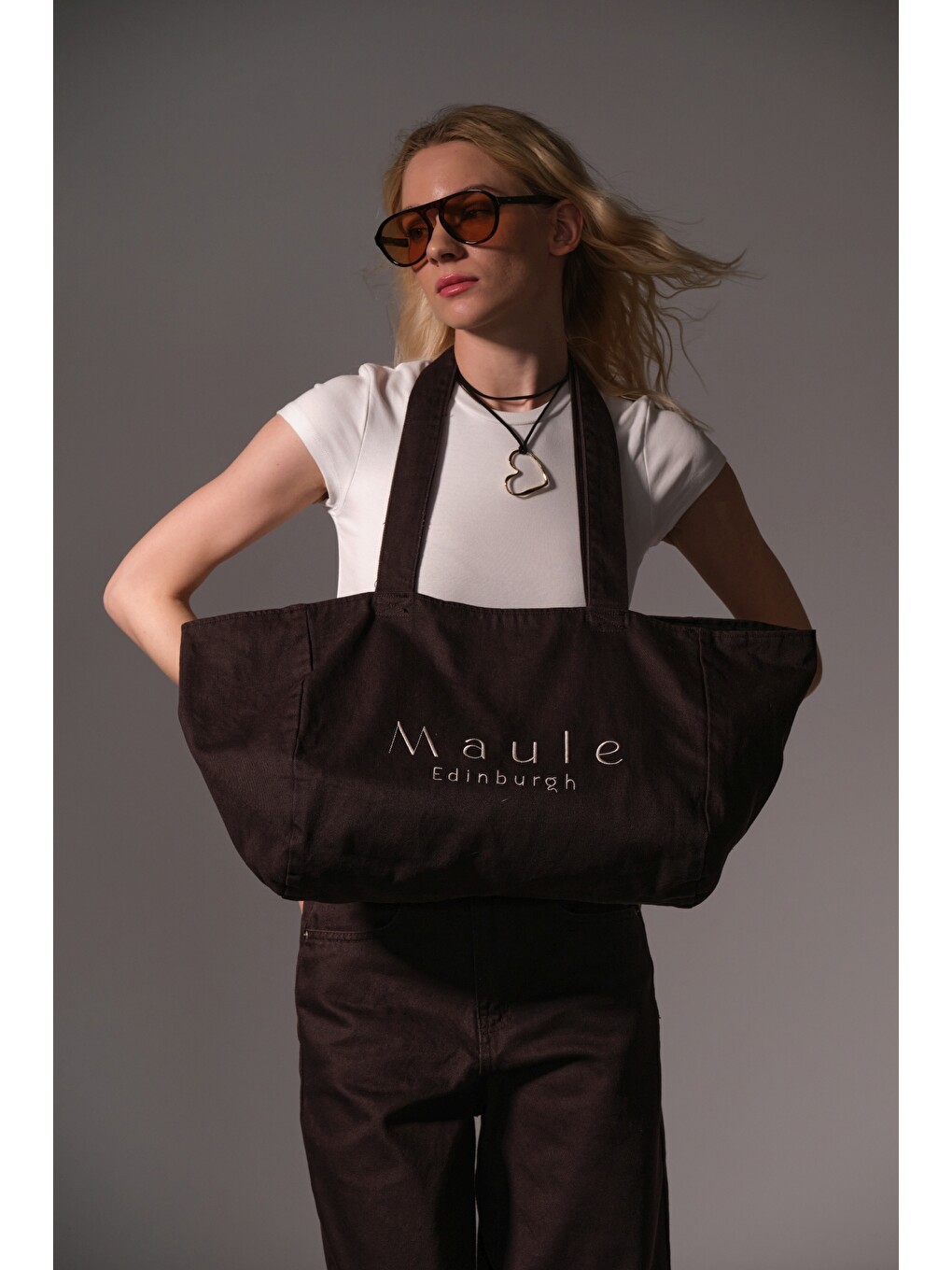 Kahverengi Maule Nakış Detaylı Ortaboy %100 Pamuk İndigo Kadın Omuz Çantası Tote Bag-6