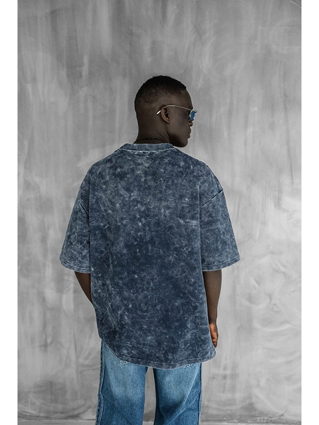 Abluka Online Erkek Desenli Waffle Kumaş Yıkamalı Oversize T-Shirt Mavi - 2