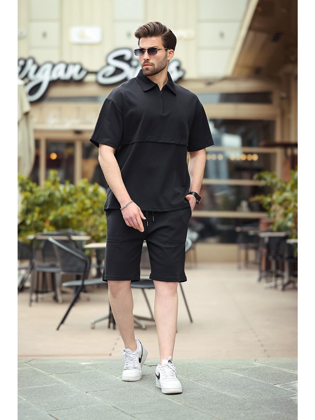 Siyah Fermuarlı Polo Yaka Erkek Şort Gömlek Takımı E7314-2