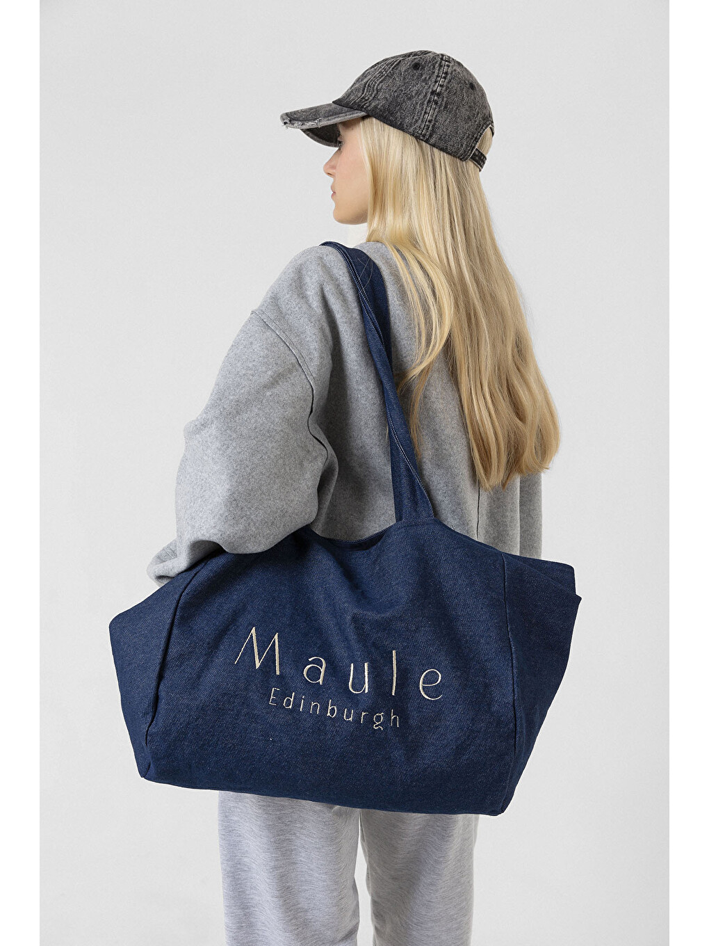 Mavi Maule Nakış Detaylı Ortaboy %100 Pamuk İndigo Kadın Omuz Çantası Tote Bag
