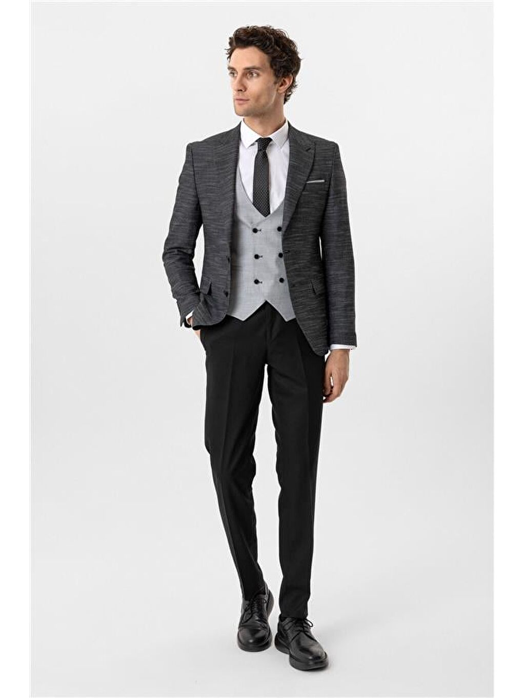 Siyah Slim Desenli Sivri Yaka 6 Drop Yelekli Takım Elbise