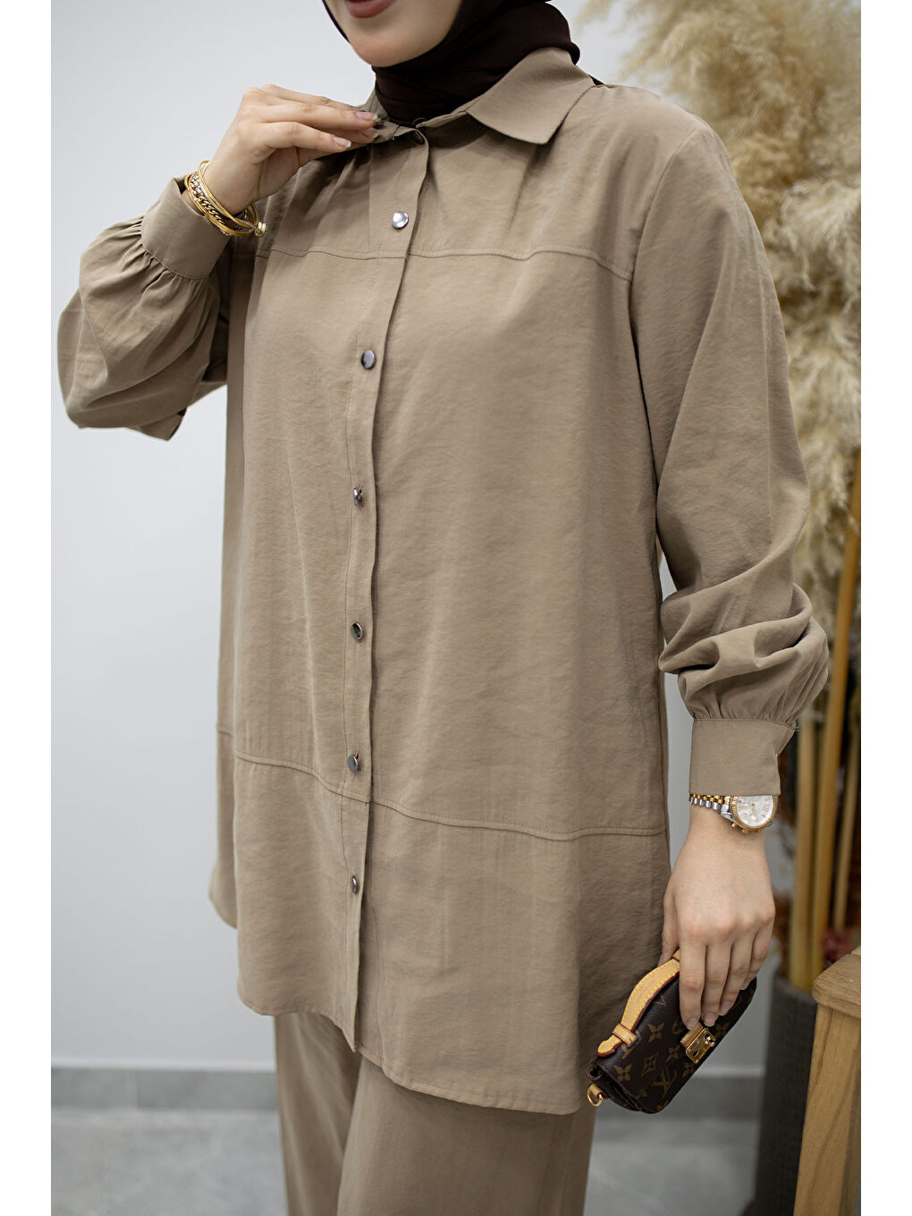 Bej Düğmeli Modal Takım TSD260169 Vizon-3