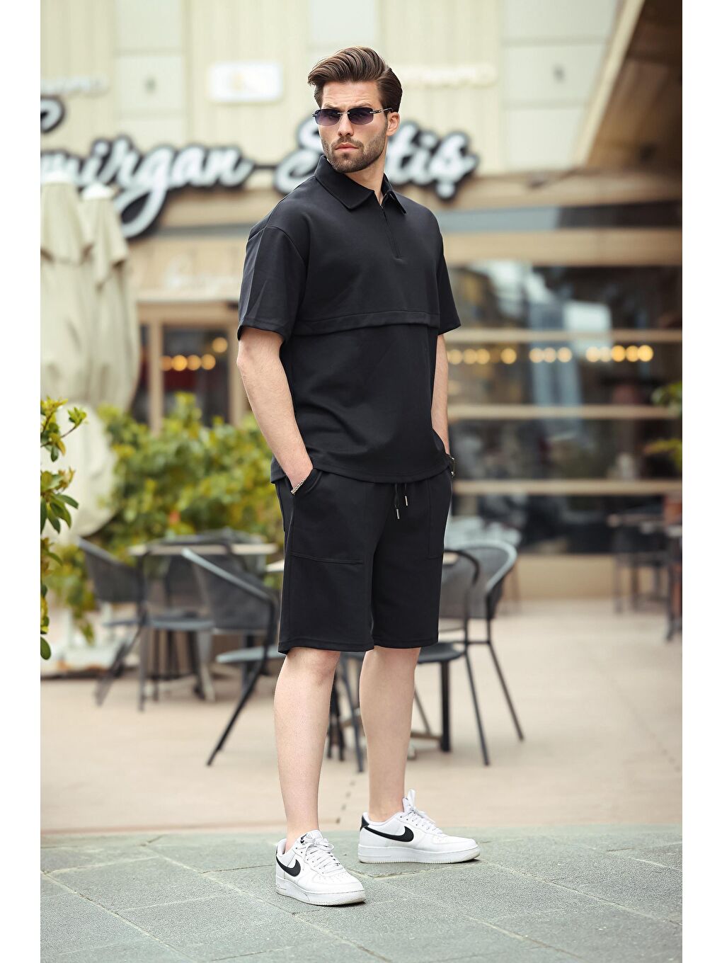 Siyah Fermuarlı Polo Yaka Erkek Şort Gömlek Takımı E7314-3