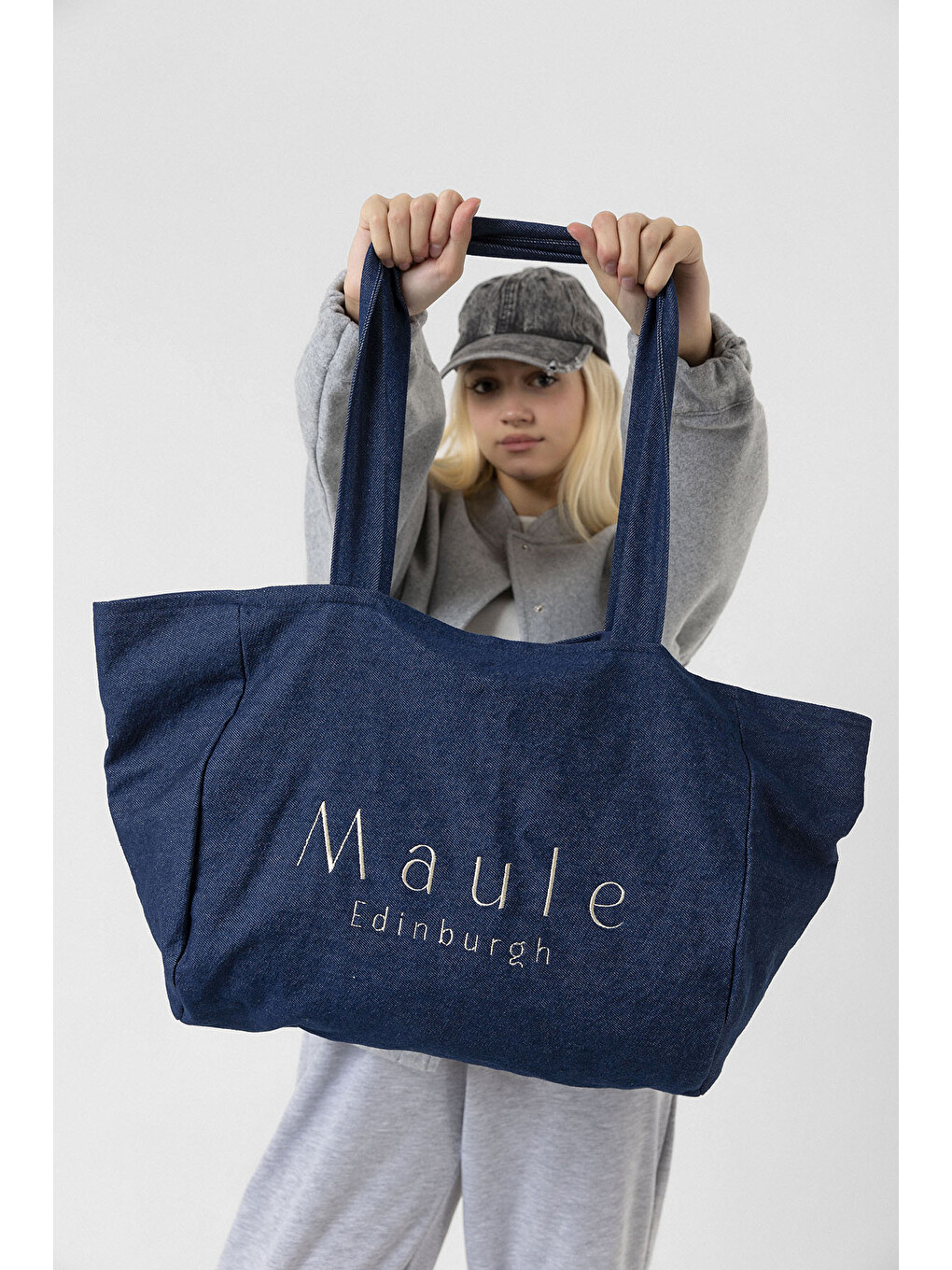Mavi Maule Nakış Detaylı Ortaboy %100 Pamuk İndigo Kadın Omuz Çantası Tote Bag-5