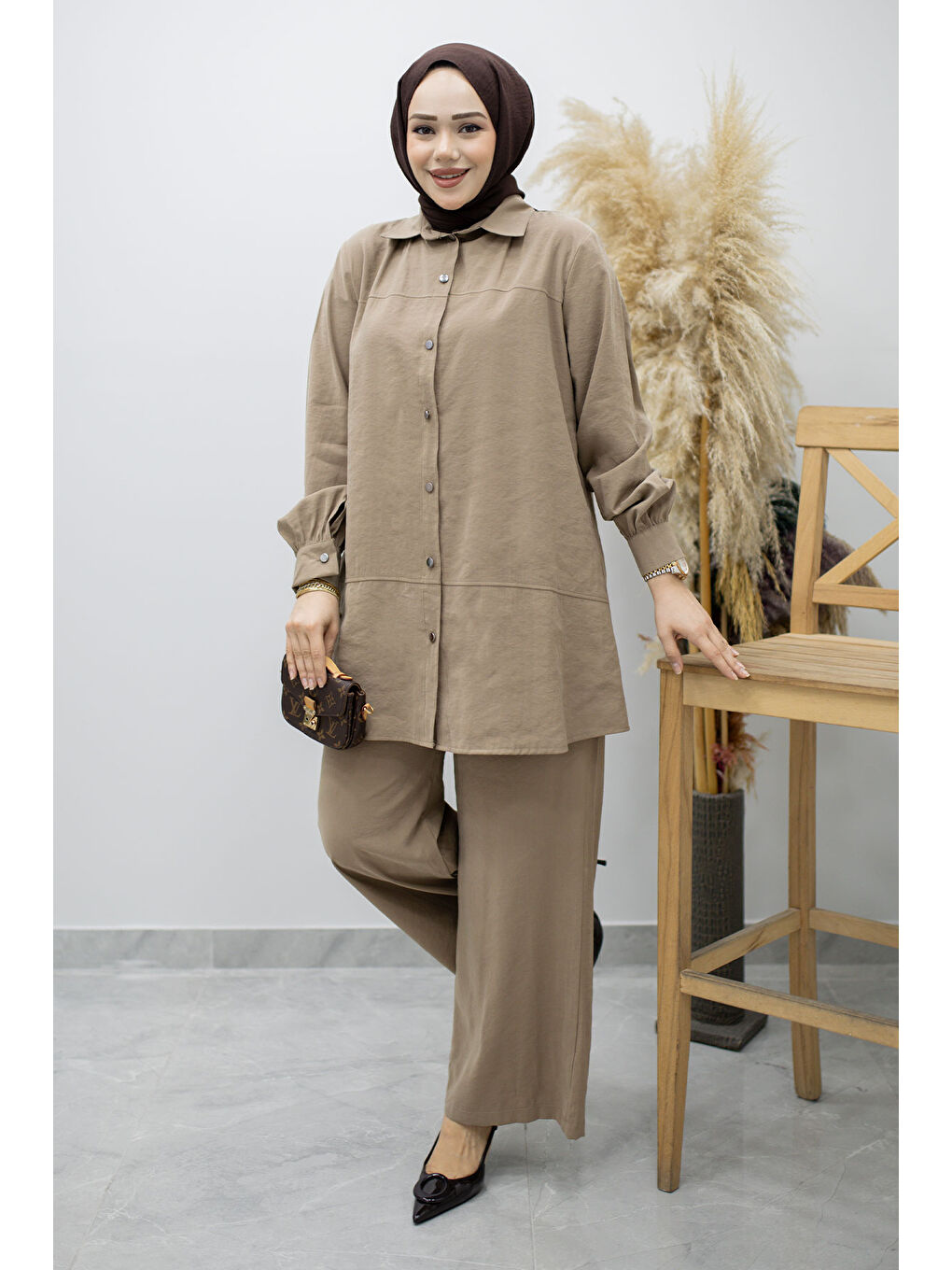 Bej Düğmeli Modal Takım TSD260169 Vizon-4