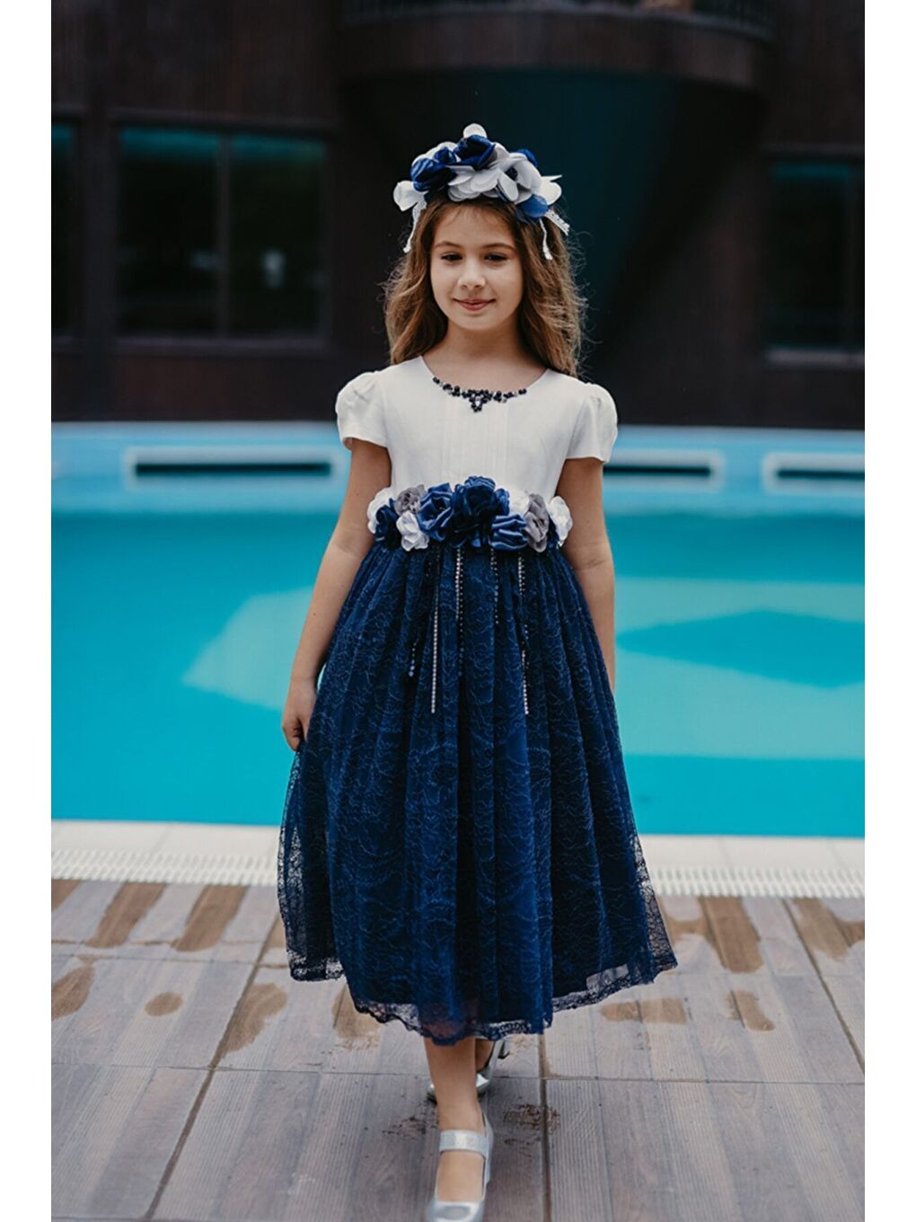 Lacivert Özel Tasarım Vintage Kız Çocuk Taç Aksesuarlı Elbise