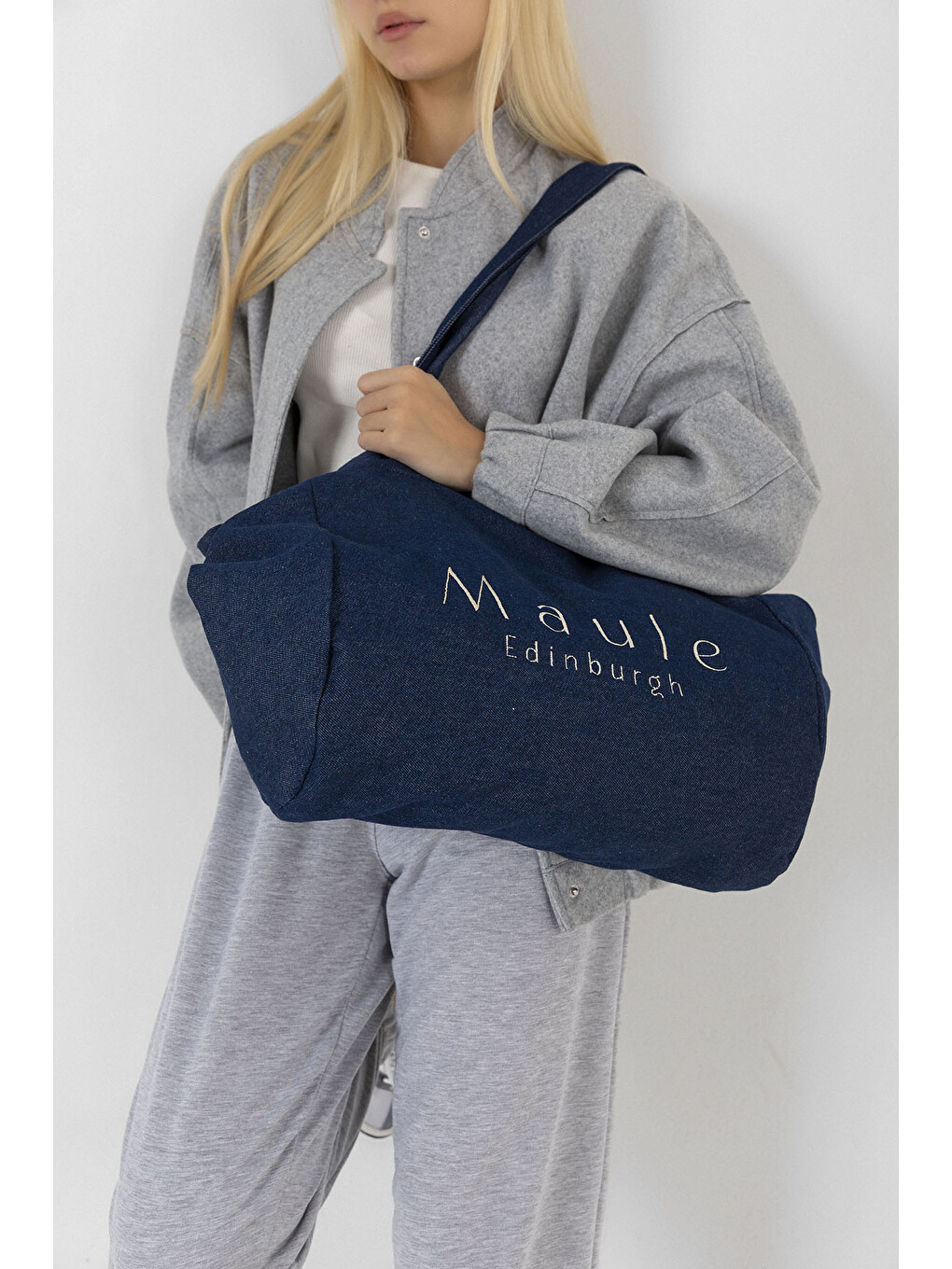 Mavi Maule Nakış Detaylı Ortaboy %100 Pamuk İndigo Kadın Omuz Çantası Tote Bag-6