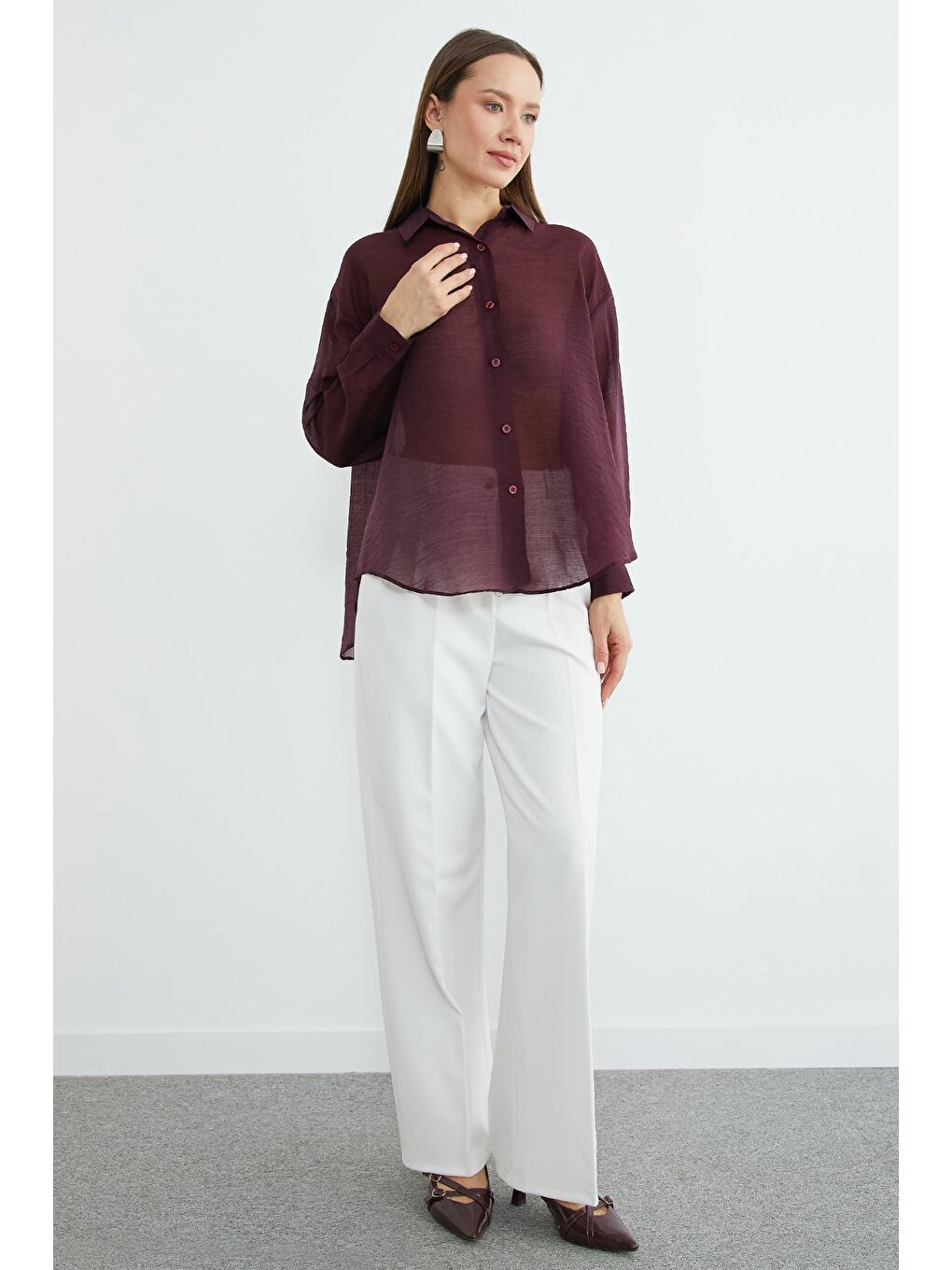 Mürdüm Jakarlı Düğmeli Transparan Gömlek-1