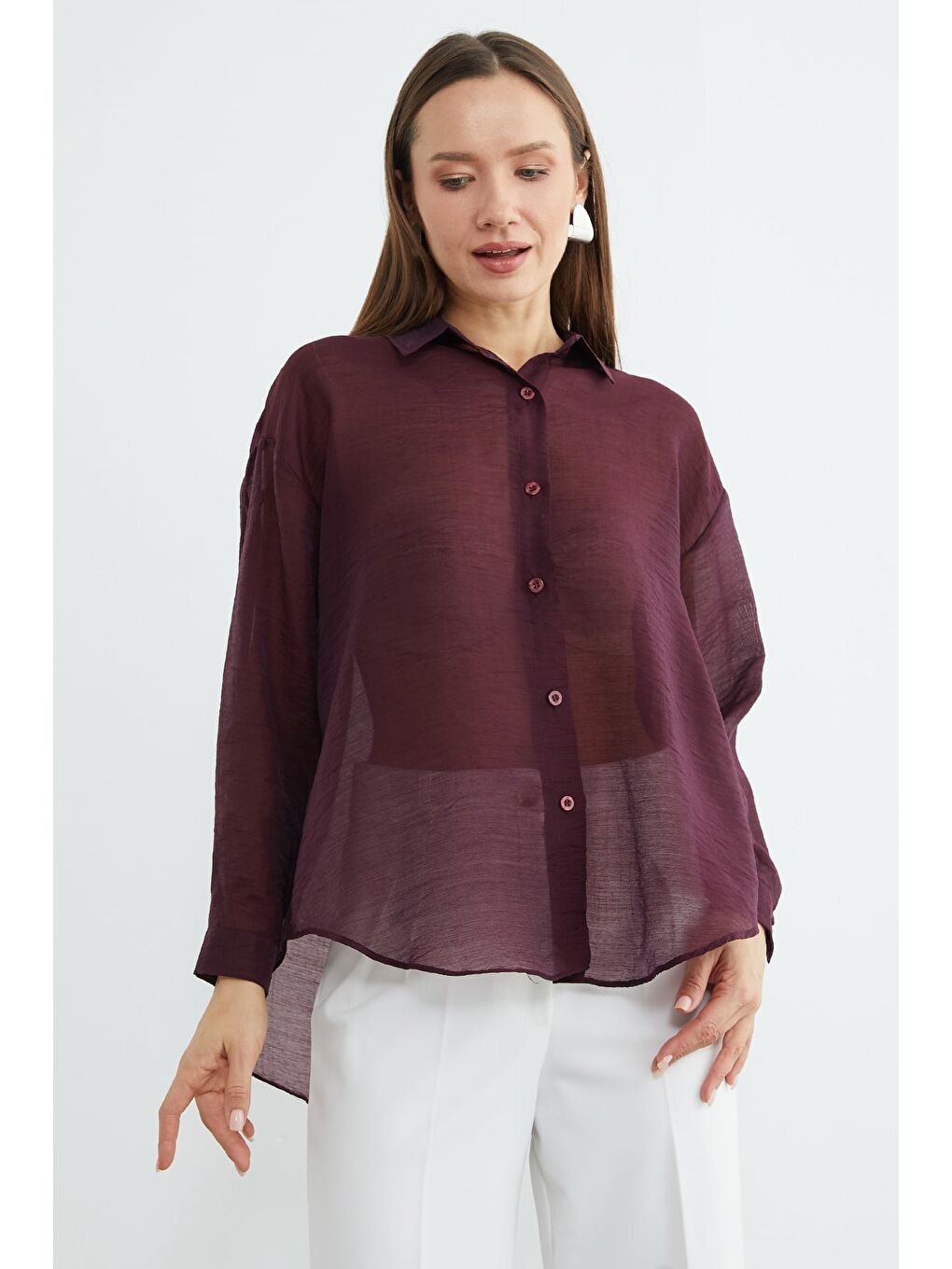 Mürdüm Jakarlı Düğmeli Transparan Gömlek-2