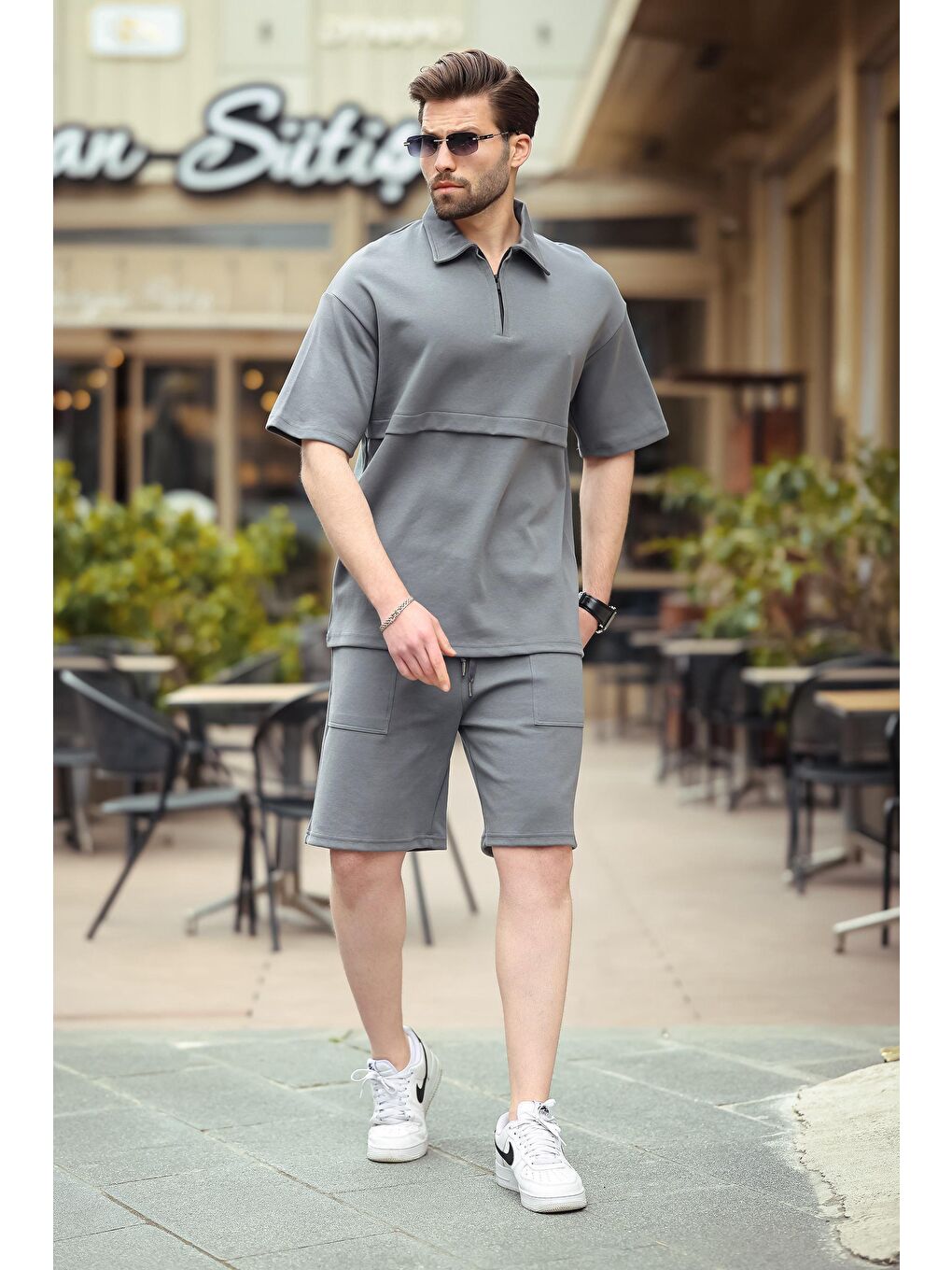 Gri Füme Fermuarlı Polo Yaka Erkek Şort Gömlek Takımı E7314