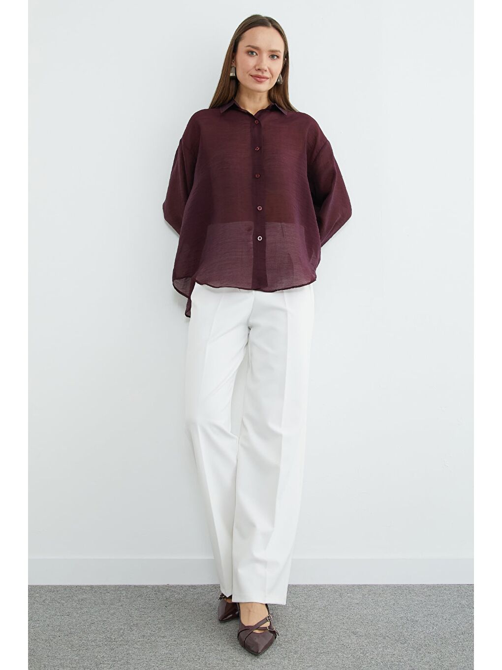 Mürdüm Jakarlı Düğmeli Transparan Gömlek-3