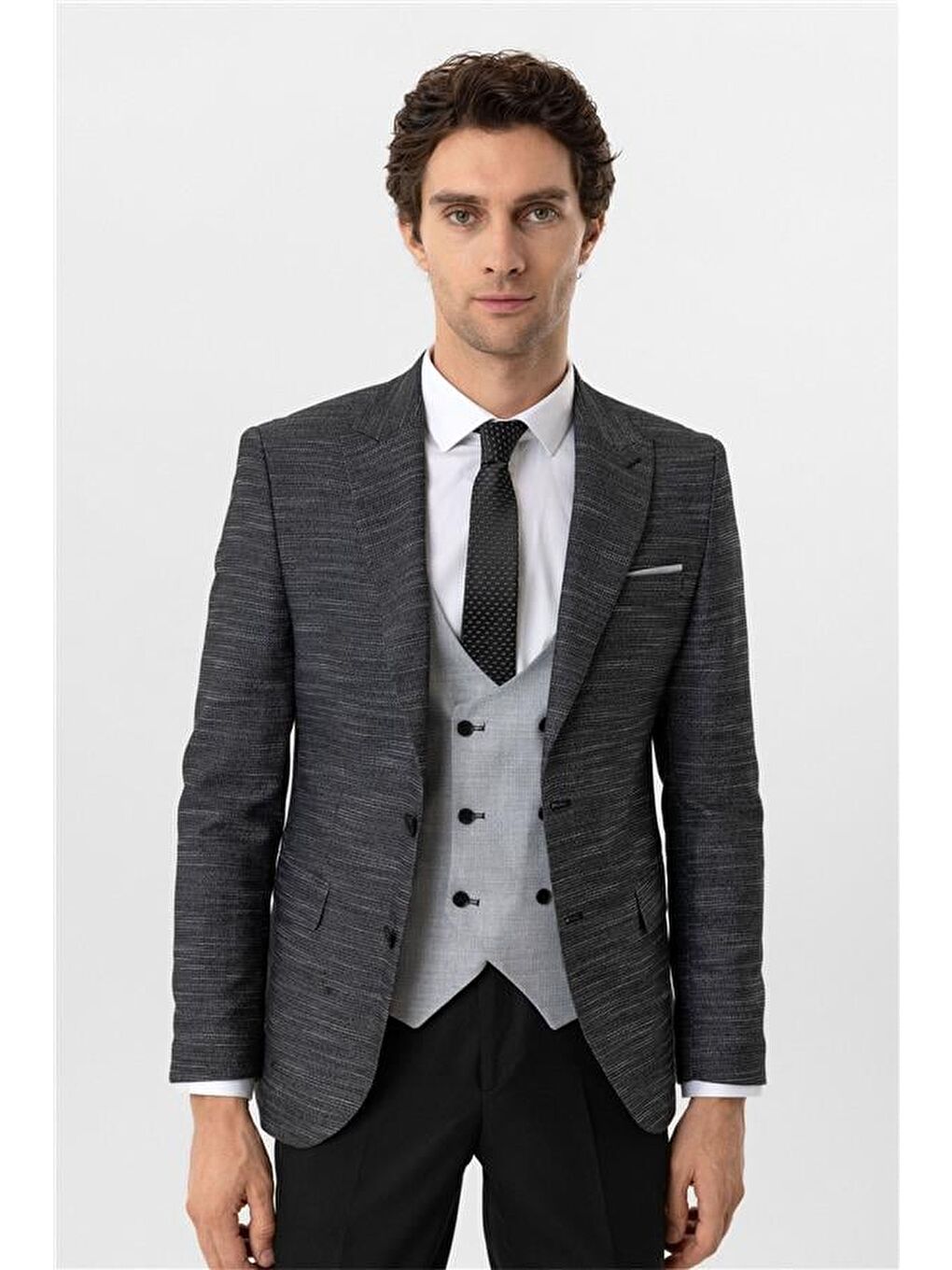 Siyah Slim Desenli Sivri Yaka 6 Drop Yelekli Takım Elbise-2