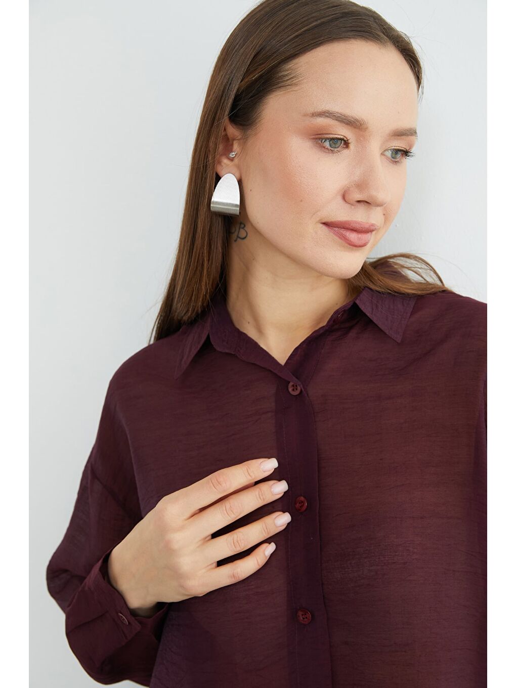 Mürdüm Jakarlı Düğmeli Transparan Gömlek-4