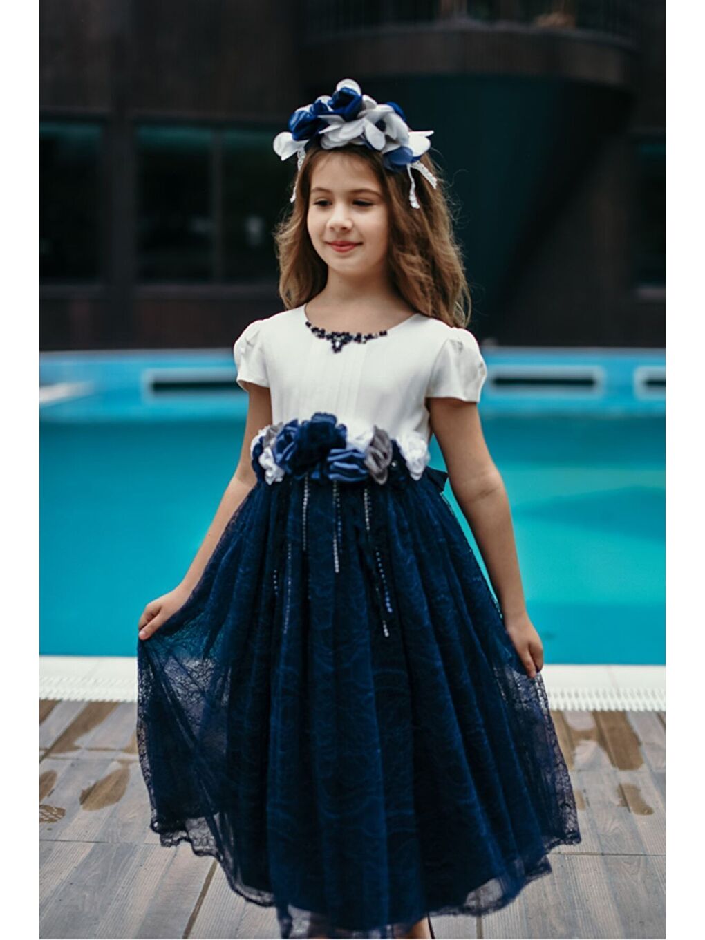 Lacivert Özel Tasarım Vintage Kız Çocuk Taç Aksesuarlı Elbise-4