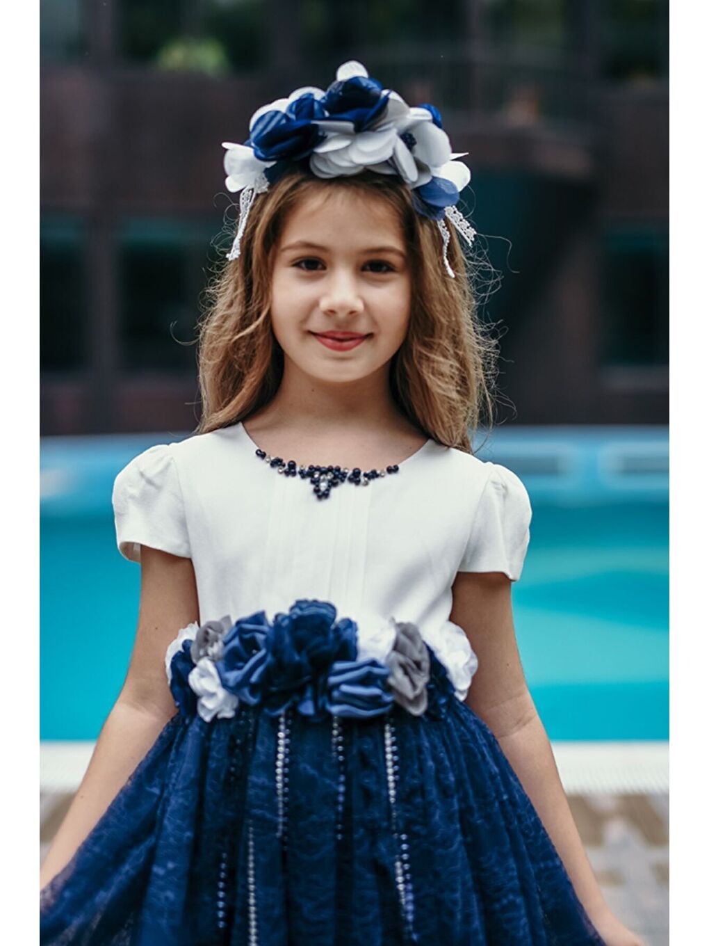Lacivert Özel Tasarım Vintage Kız Çocuk Taç Aksesuarlı Elbise-5