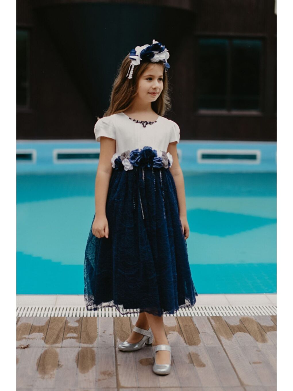 Lacivert Özel Tasarım Vintage Kız Çocuk Taç Aksesuarlı Elbise-6