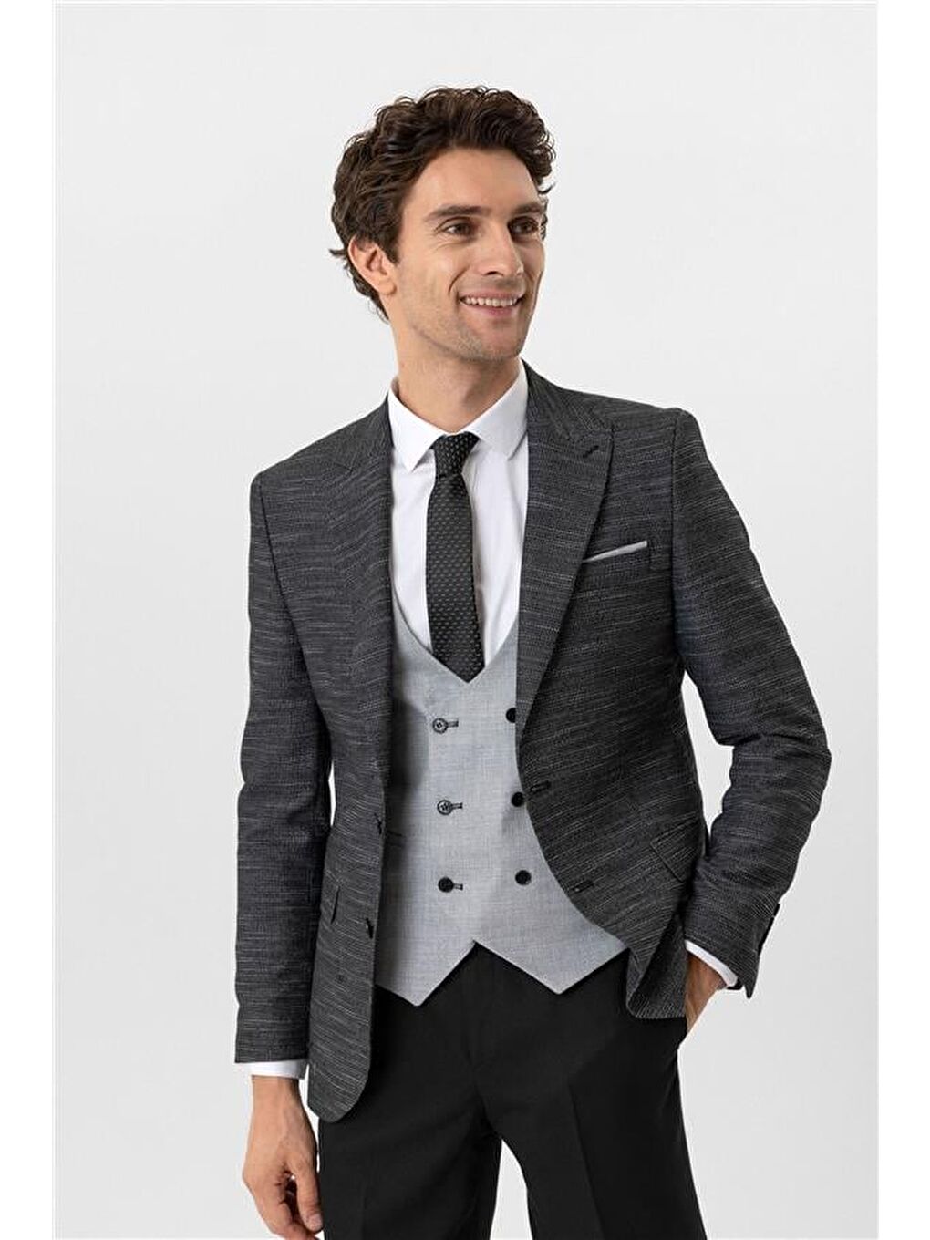 Siyah Slim Desenli Sivri Yaka 6 Drop Yelekli Takım Elbise-3