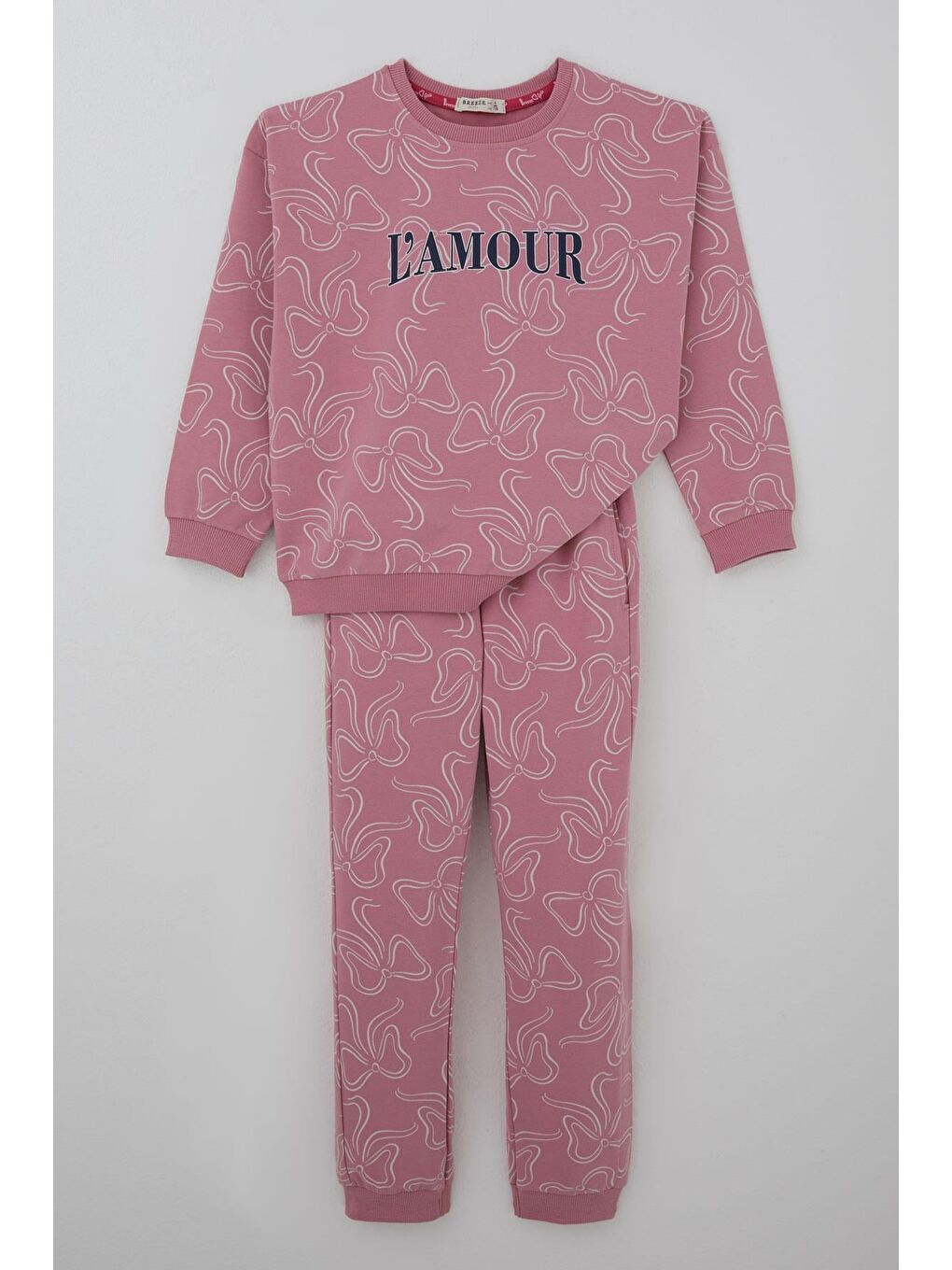 Kız Çocuk Eşofman Takımı Fiyonk Desenli Bağcık Aksesuarlı Pembe (4-8 Yaş)-1